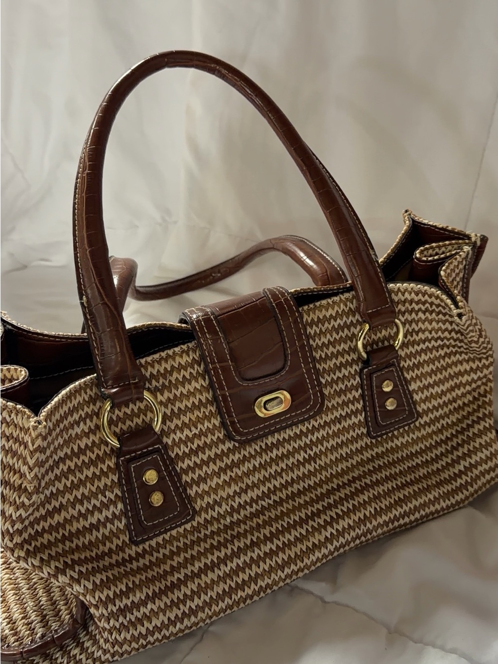 Woven Straw Tote with Brown Leather Trim - Picture 2 of 3